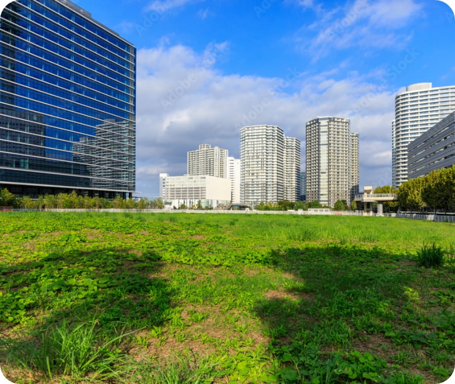 都市部の高層マンションと草地